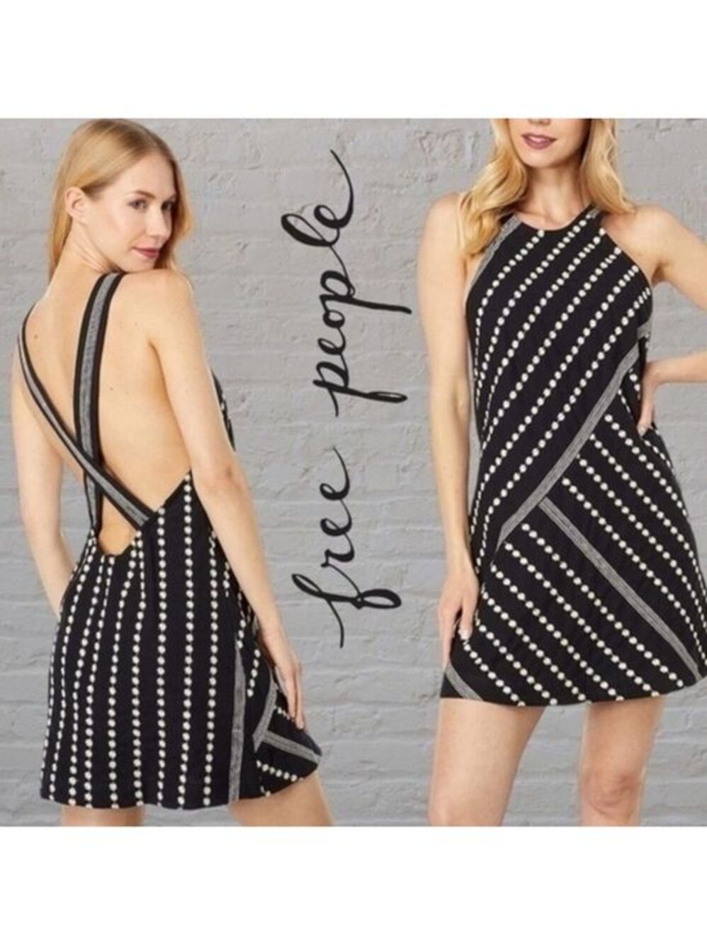 FREE PEOPLE Juni Embroidered Backless-Cross-Strap Halter Neck Minidress NWT/LG